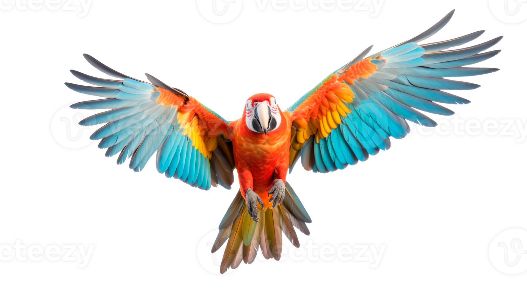 Colorful macaw parrot in flight with spread wings on a transparent background png