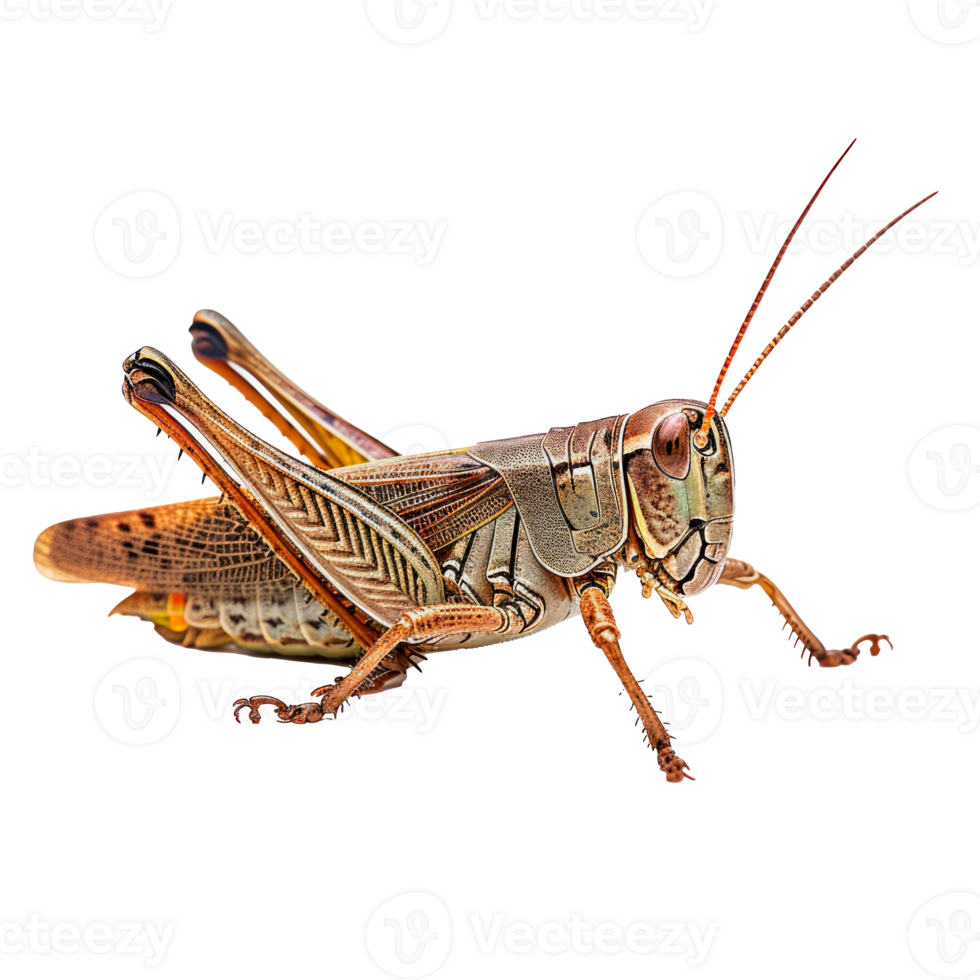 A detailed close-up of a grasshopper showcasing its intricate features and colors. png
