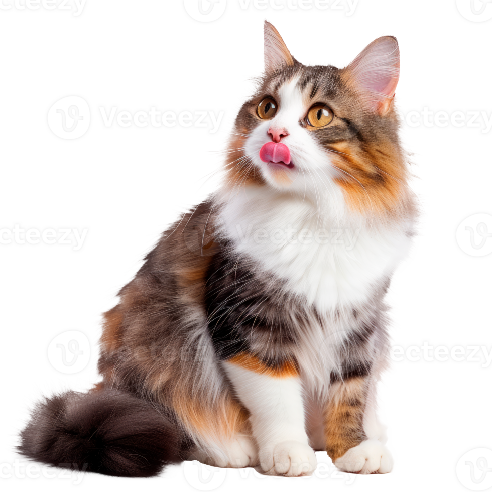 A fluffy domestic cat with a colorful coat sticking out its tongue. png