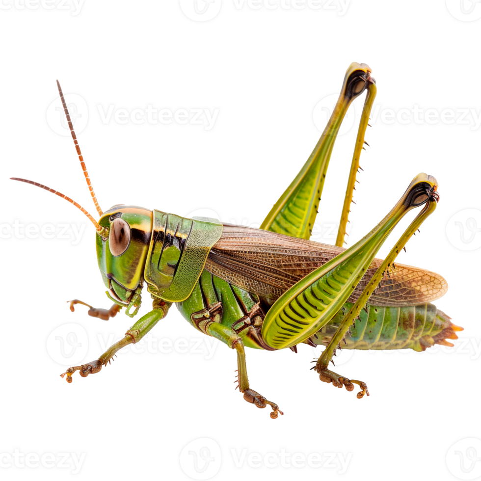 A detailed macro shot of a vibrant green grasshopper isolated on transparent background png