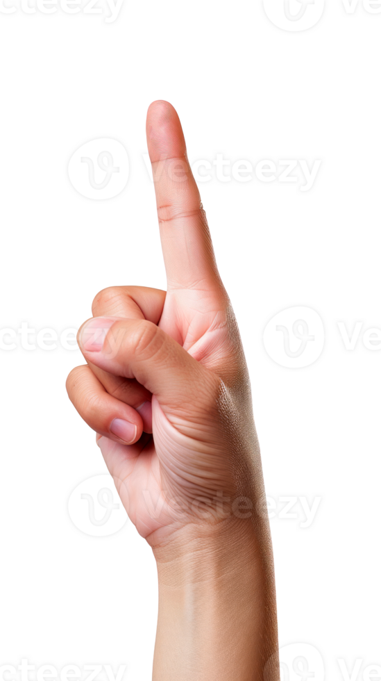Hand pointing upwards with index finger raised in a gesture. png