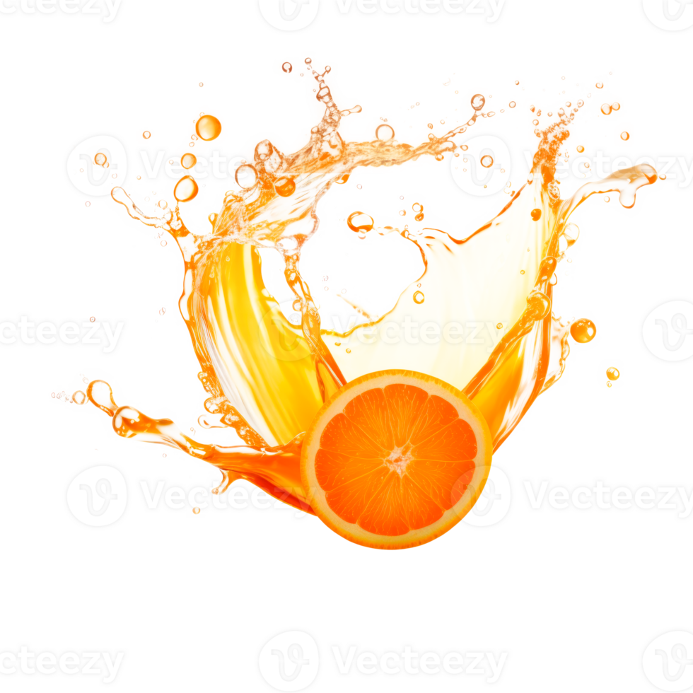 Vibrant orange slice creating a splash of juice on a transparent background png