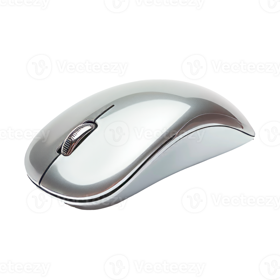 A sleek silver computer mouse on a transparent background png