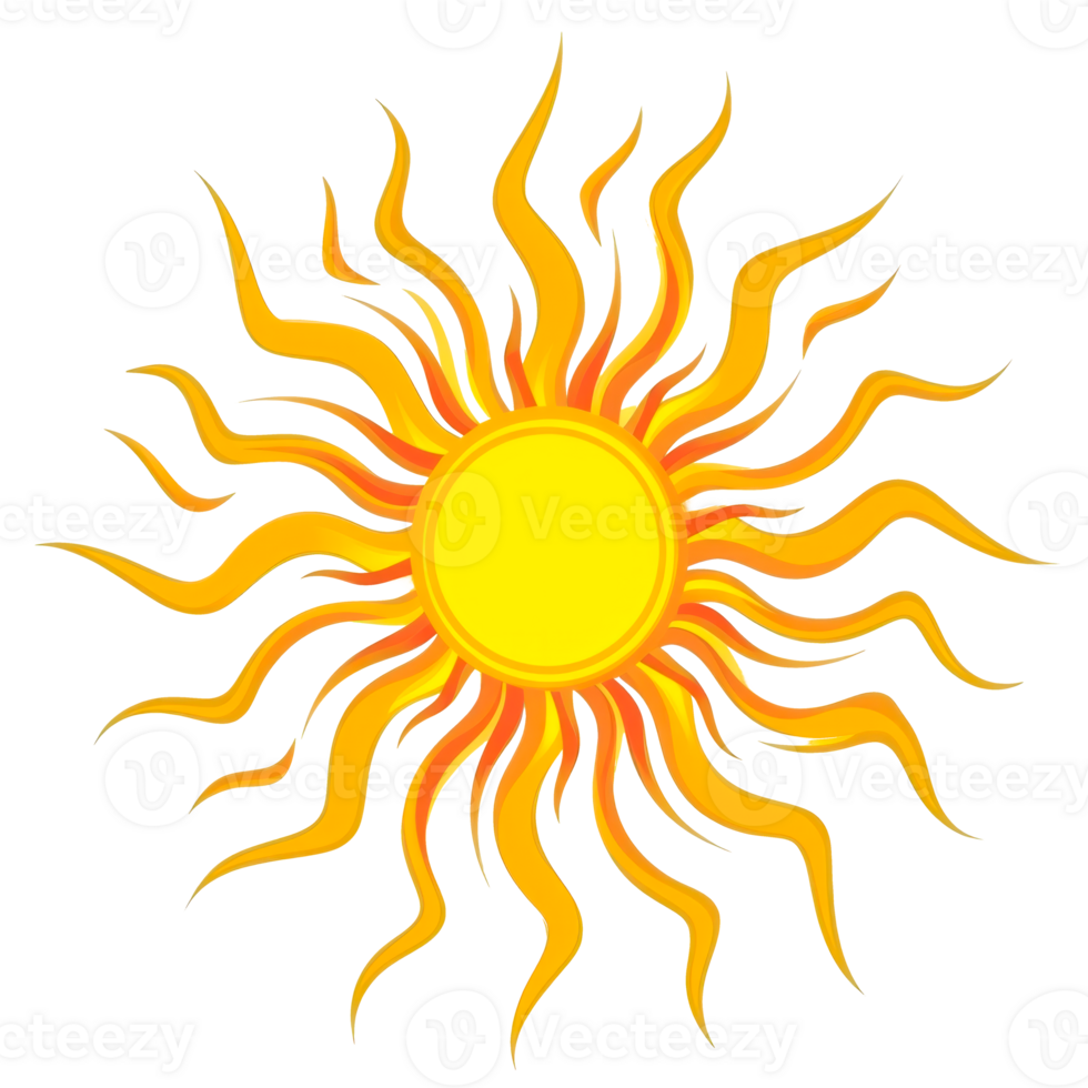 A bright yellow sun with wavy rays symbolizing warmth and joy png