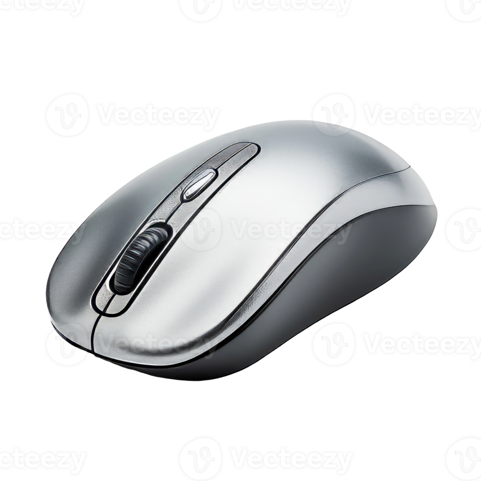 A sleek silver computer mouse on a transparent background. png