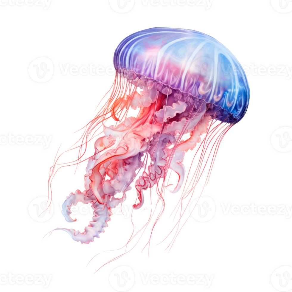 A vibrant jellyfish with blue and purple hues floating gracefully in water. png