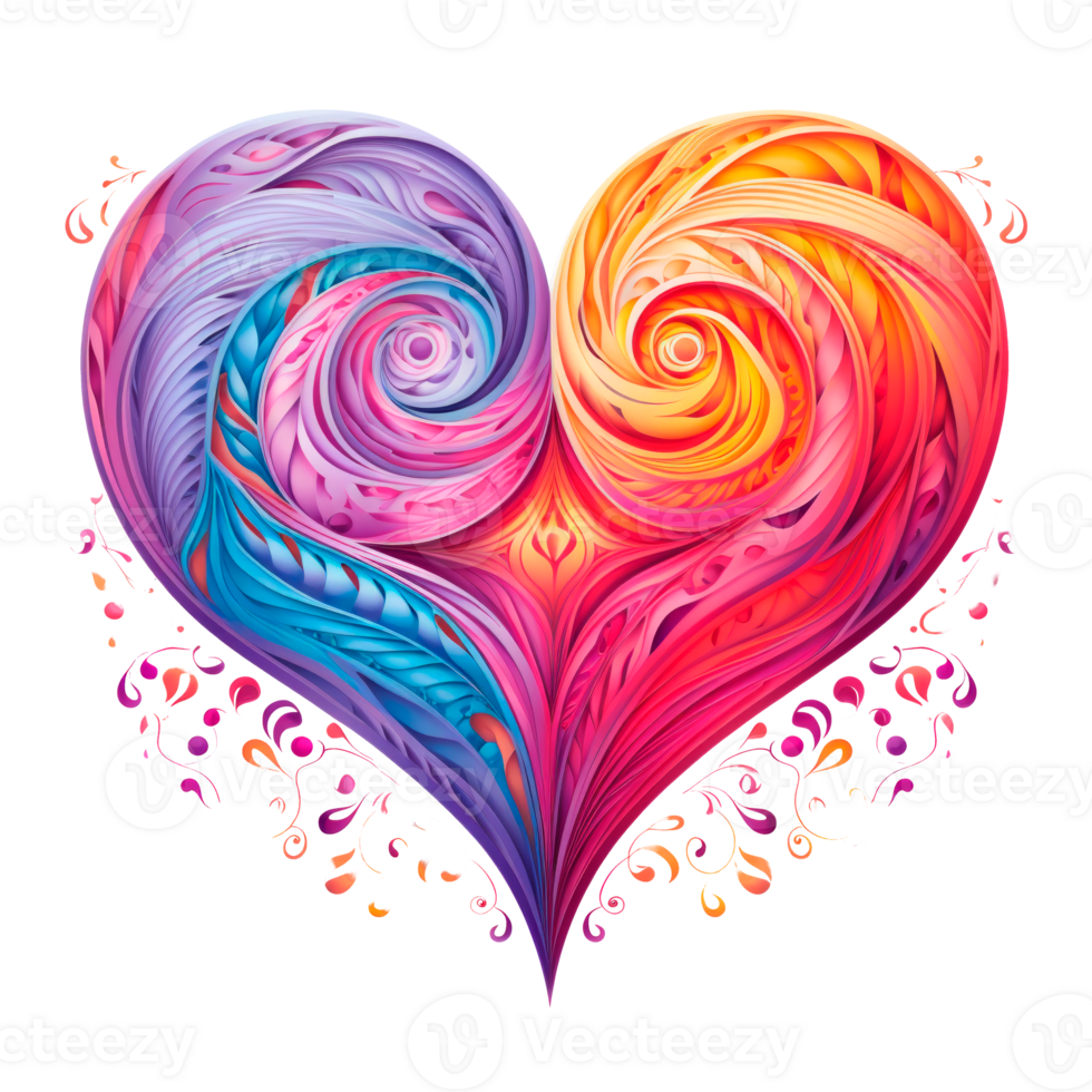 Colorful abstract heart design with swirling patterns and floral elements. png