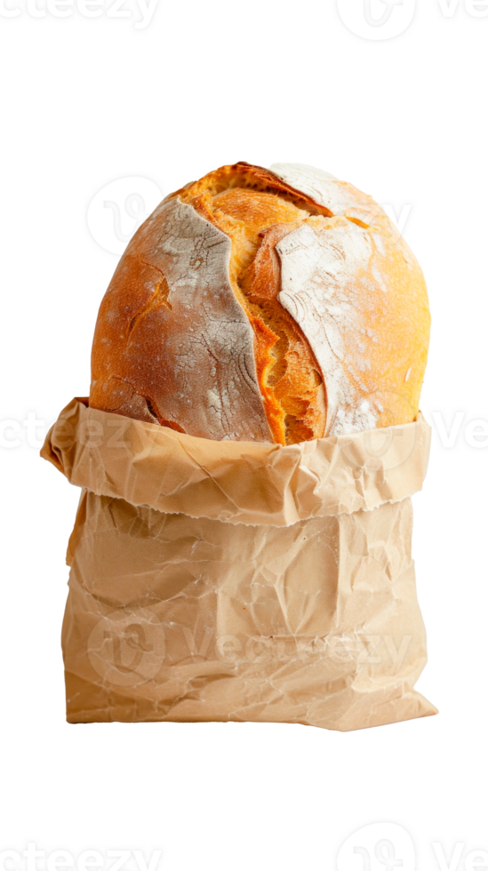 Freshly baked crusty bread loaf in a paper bag on transparent background png