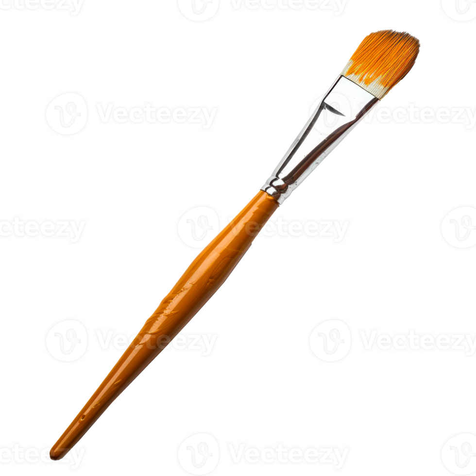 A close-up image of a paintbrush with an orange bristle and wooden handle png