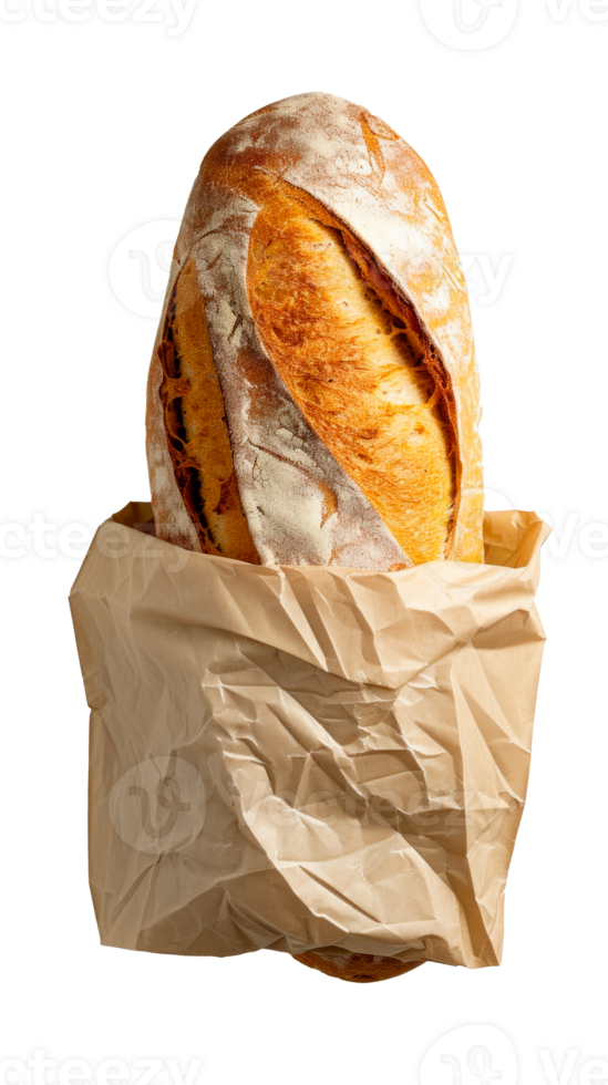 Freshly baked artisan bread loaf wrapped in paper on a white background png