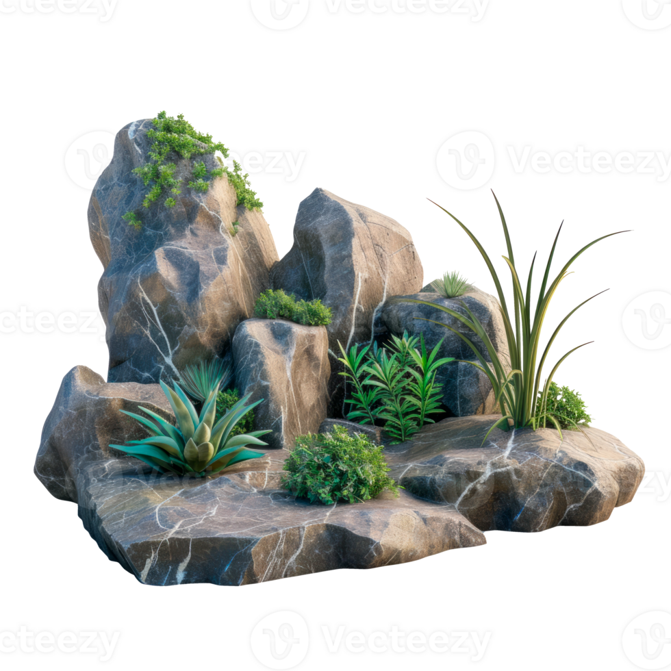 A decorative arrangement of rocks and green plants in a natural setting. png