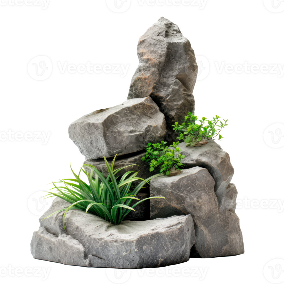 A realistic rock formation with green plants and grass on a transparent background png