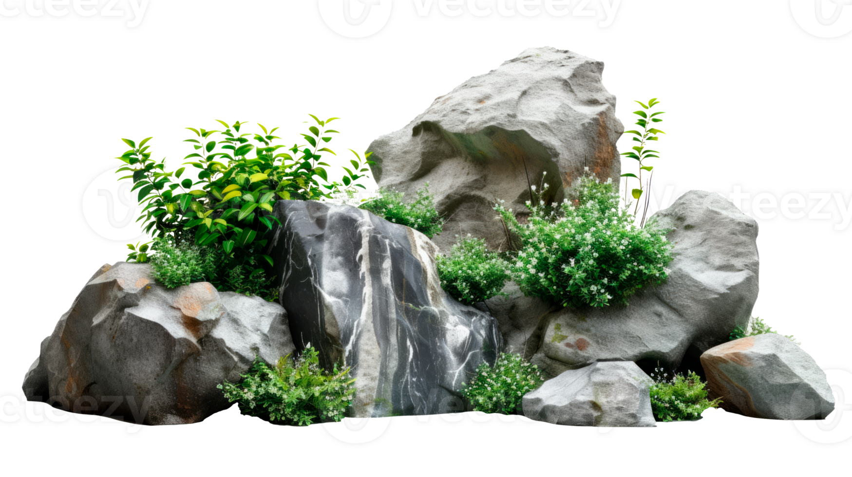 A collection of realistic rocks and greenery for natural landscape design. png