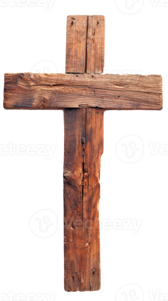 Rustic wooden cross symbolizing faith and spirituality on a transparent background png
