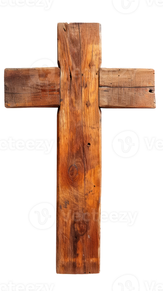 A rustic wooden cross isolated on a transparent background. png