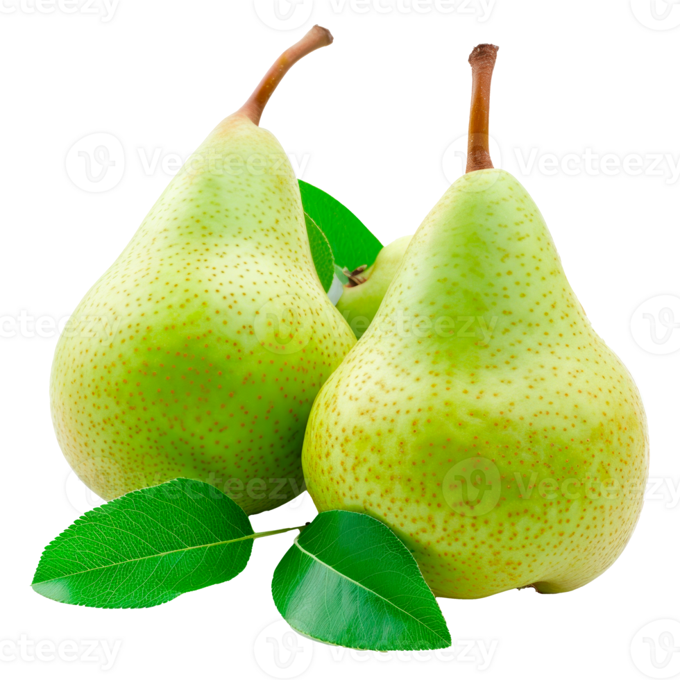 Two fresh green pears with leaves isolated on a transparent background png