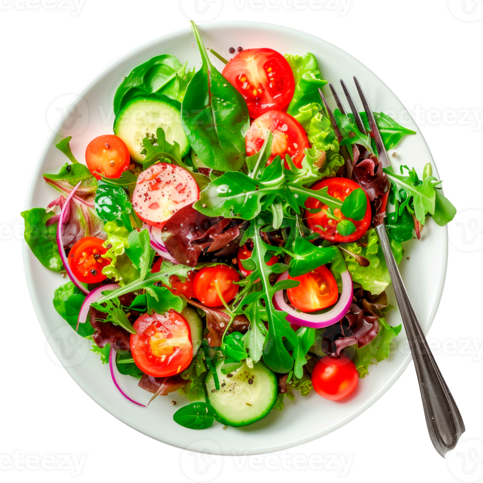 Fresh salad with mixed greens tomatoes cucumbers and onions on a plate png