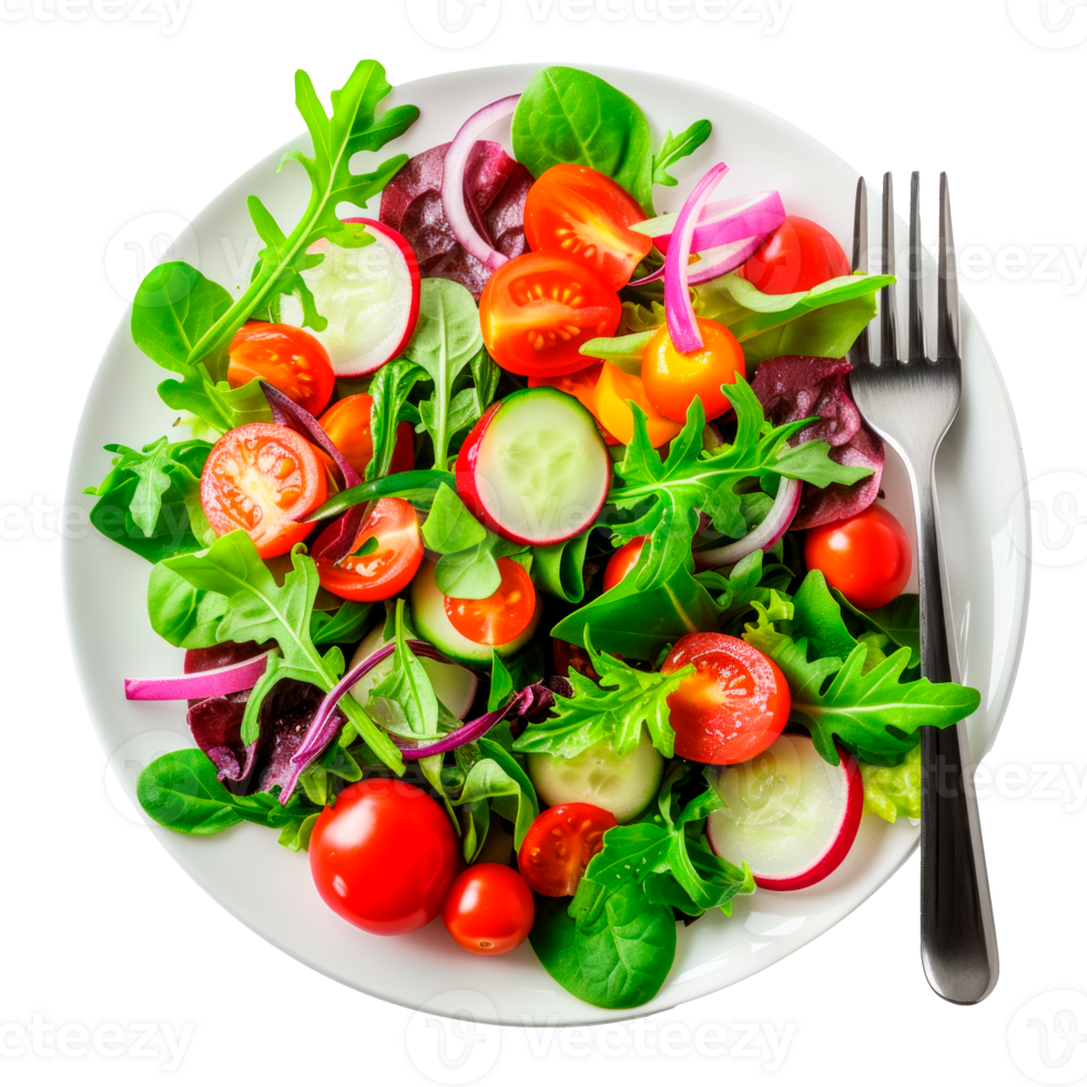 Fresh colorful salad with tomatoes cucumbers and mixed greens on a plate png