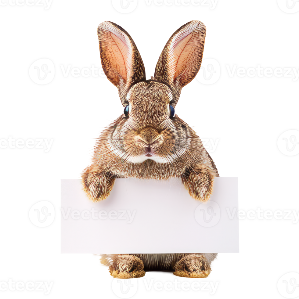 Cute fluffy rabbit holding a blank sign on a transparent background png