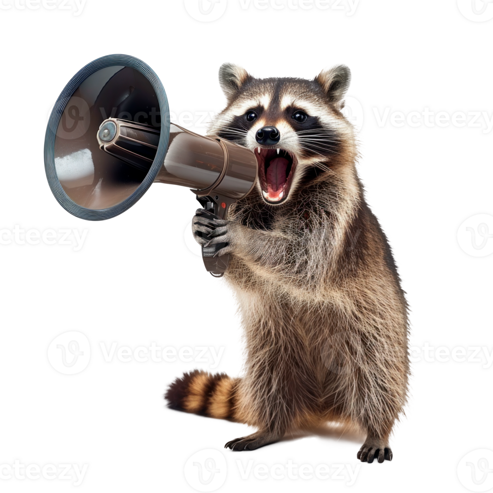A raccoon holding a megaphone, expressing enthusiasm and playfulness. png