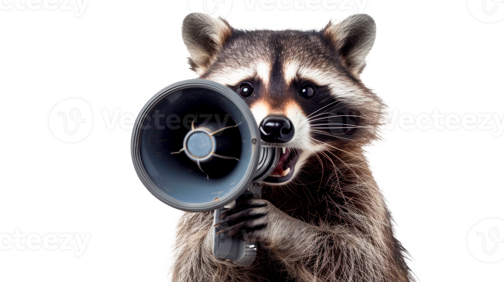 A raccoon holding a megaphone in a playful and funny pose png
