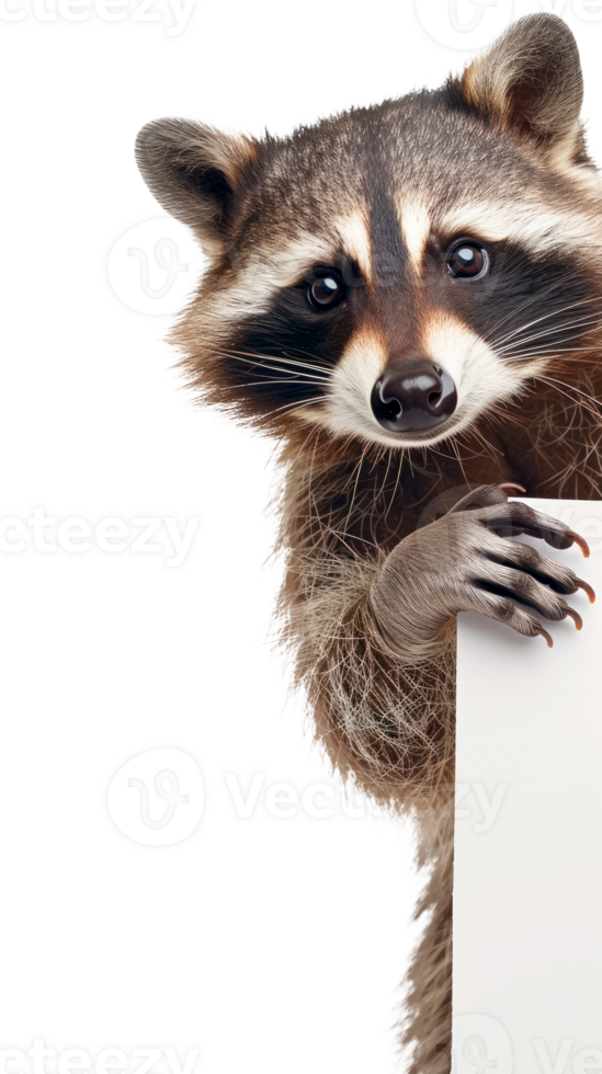 A playful raccoon peering around a white panel in nature. png