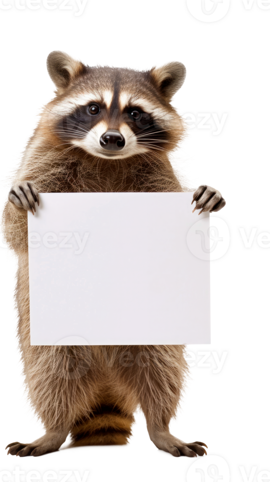 A cute raccoon holding a blank sign on a transparent background png