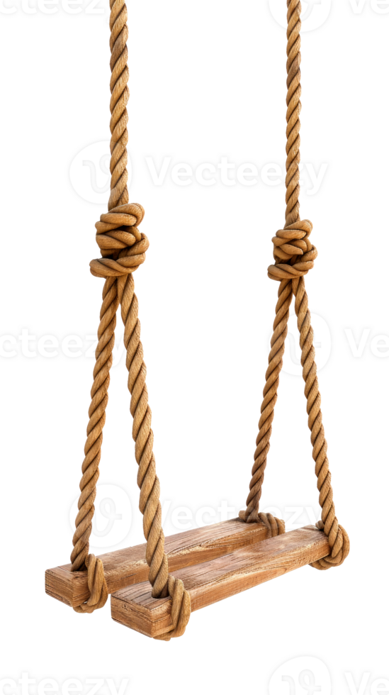 A wooden swing hanging from thick ropes, ideal for outdoor play. png