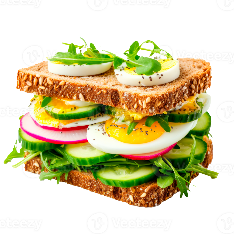 A colorful layered sandwich with fresh vegetables and eggs. png