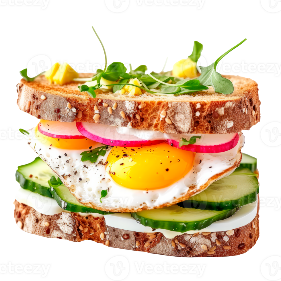 A delicious sandwich with egg cucumber and fresh vegetables on toasted bread png
