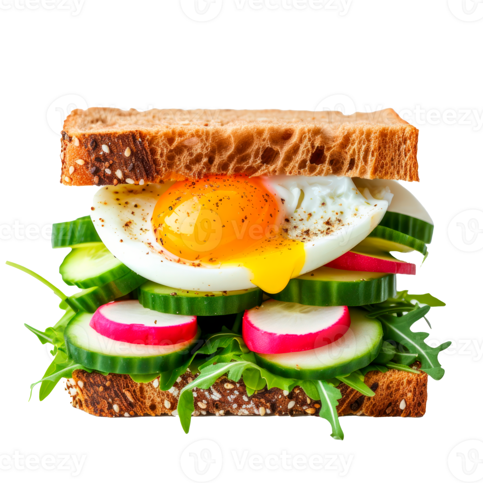 A colorful sandwich with egg, cucumber, radish, and fresh greens. png