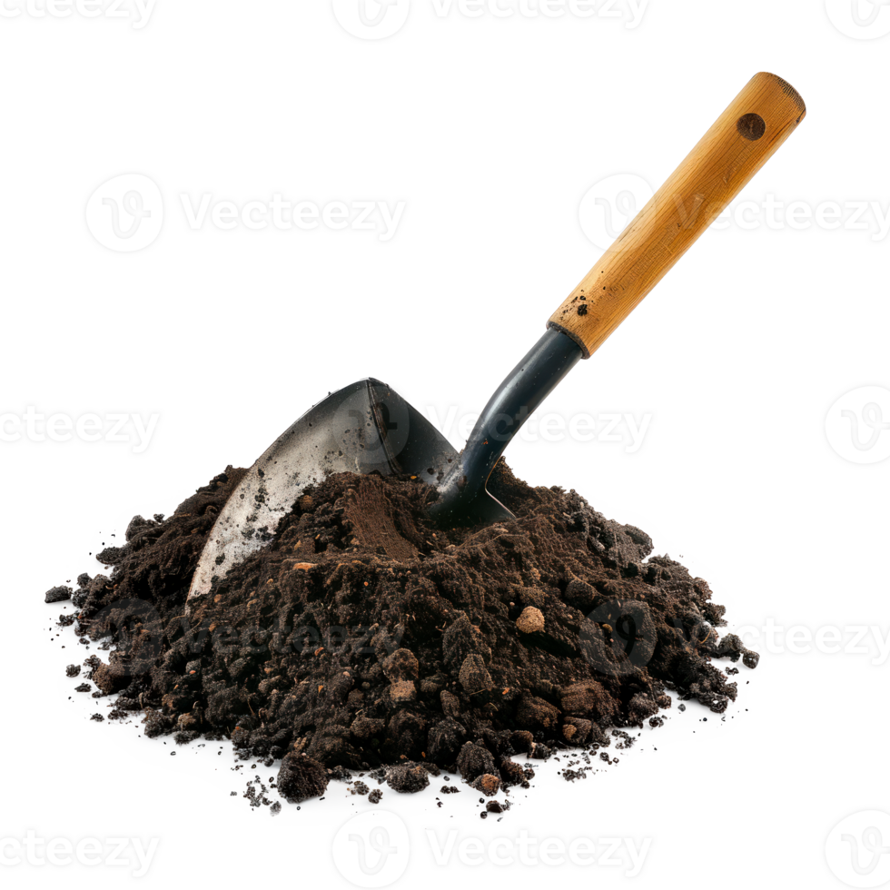 Shovel resting on a mound of dark soil on a transparent background png