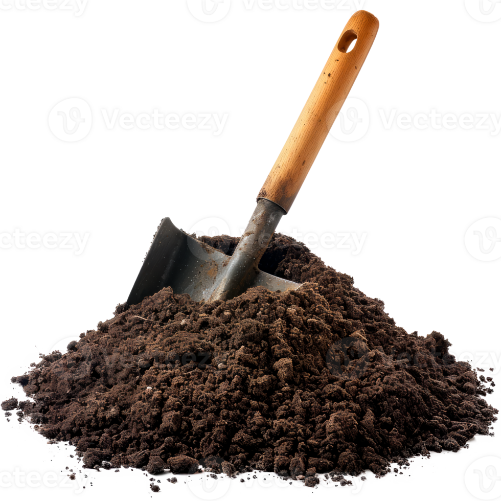 A shovel resting on a mound of rich, dark soil. png