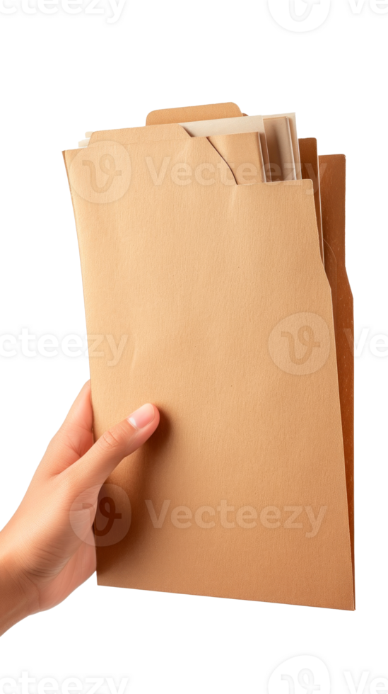 A hand holding a brown folder with documents inside for organization png