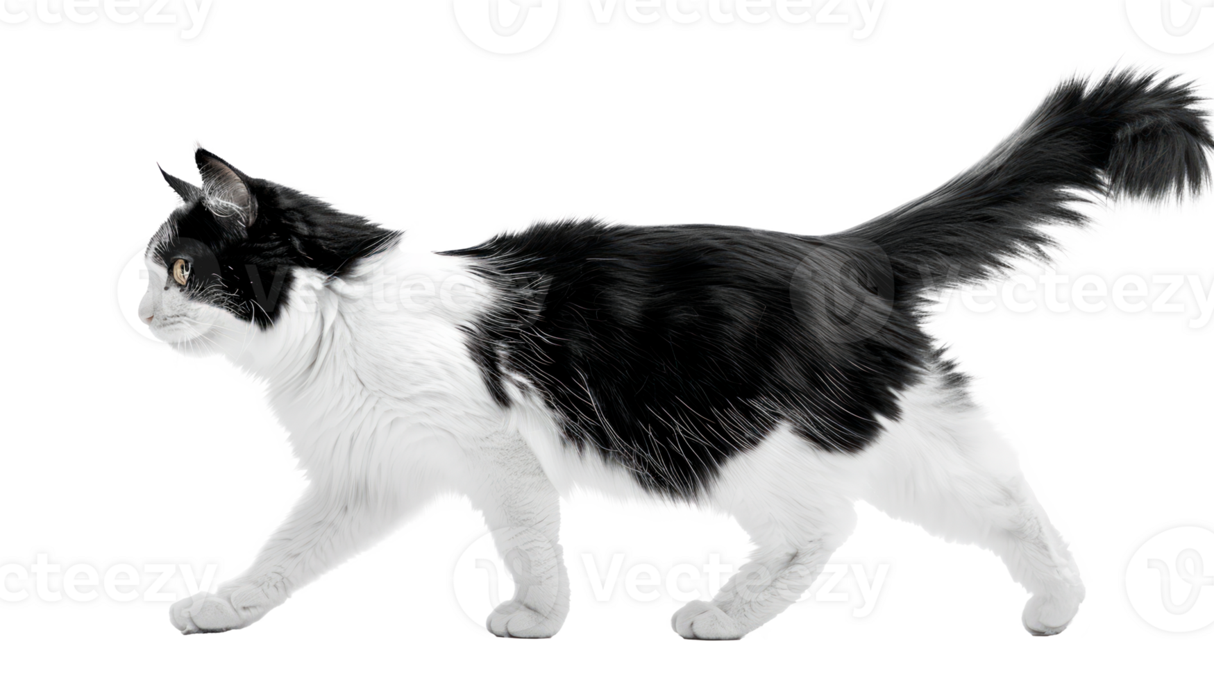 A playful black and white cat running on a transparent background png