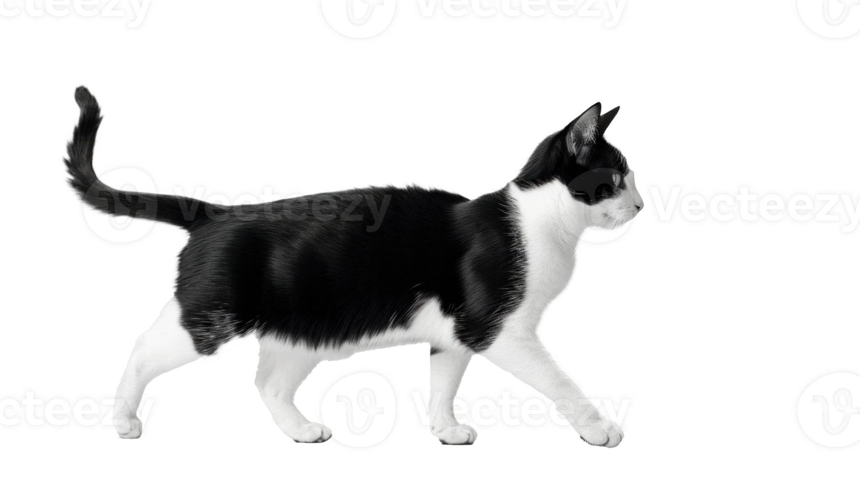 A playful black and white cat walking gracefully across a transparent background. png