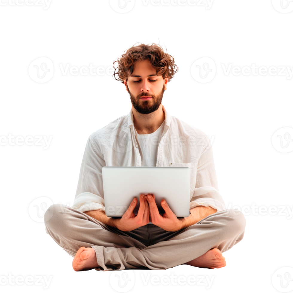 A man meditating with a laptop in a relaxed and calm setting png