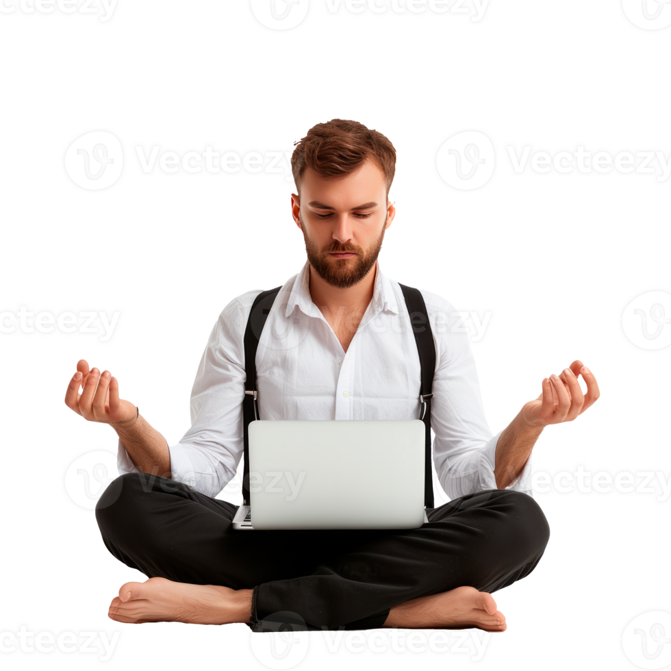 A man meditates while working on a laptop for wellness and focus png