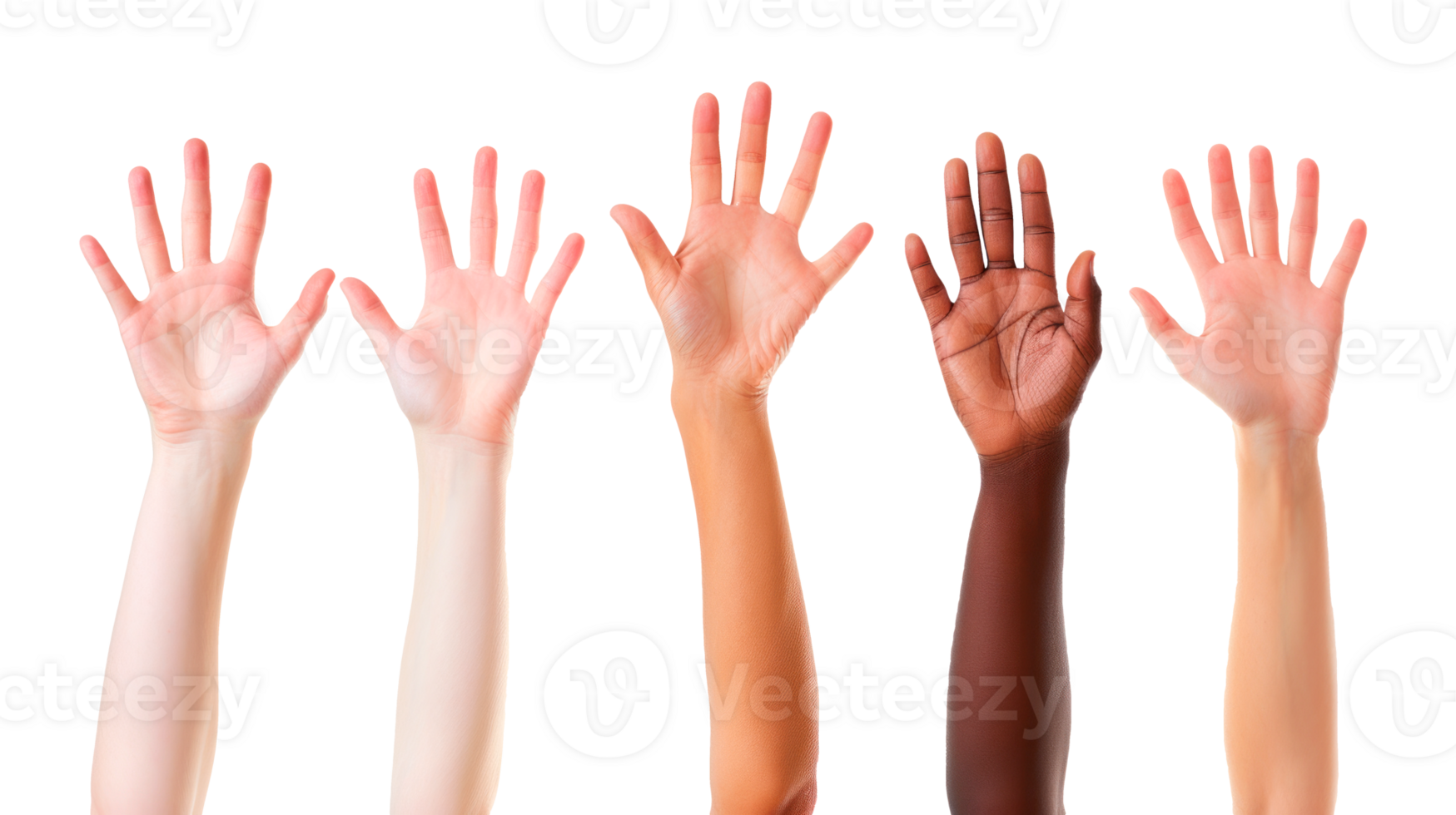 Diverse hands raised in unity showcasing inclusion and support for all. png