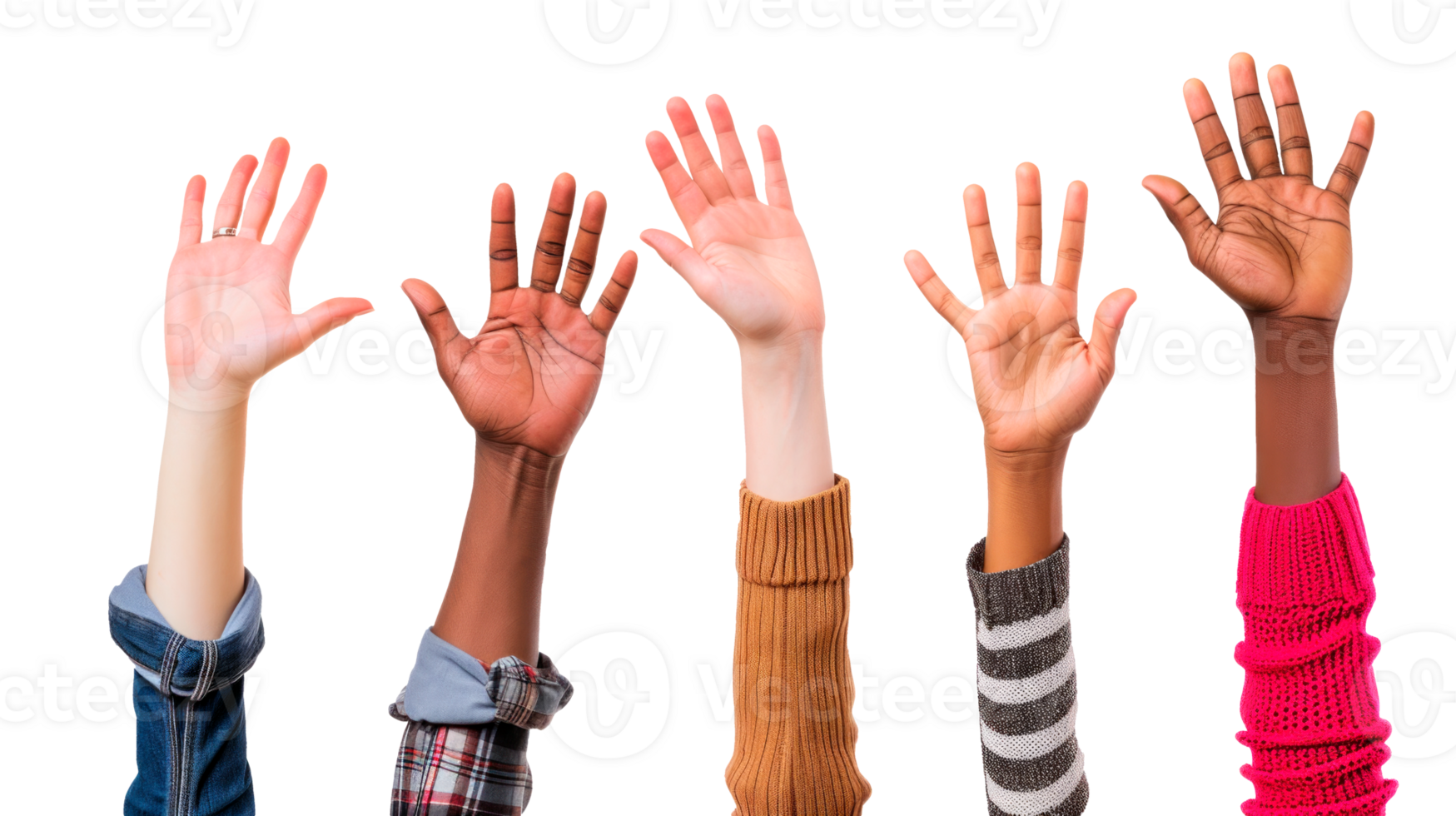 Diverse group of raised hands symbolizing unity and support. png