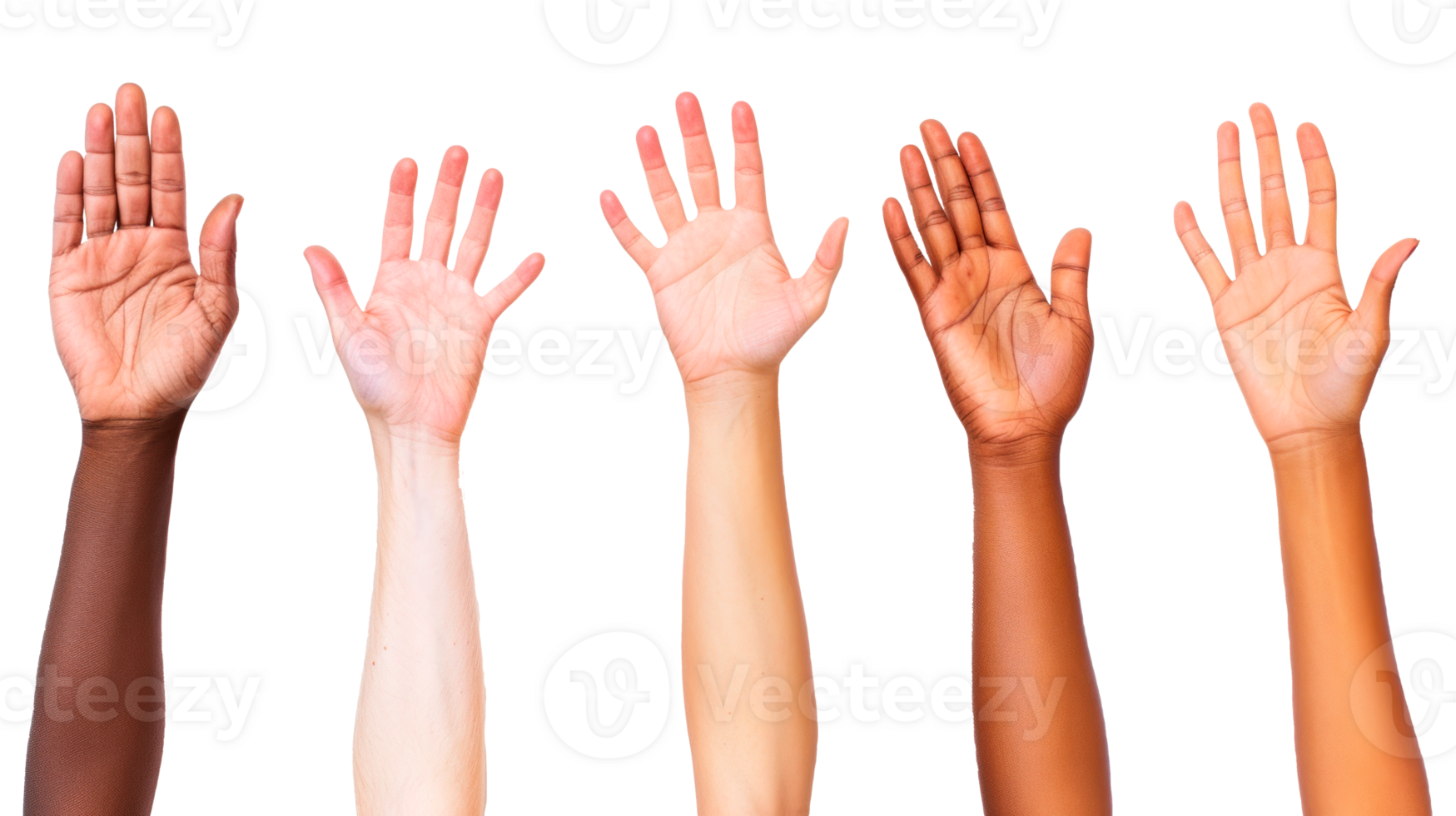 A diverse group of hands raised in unity and support png