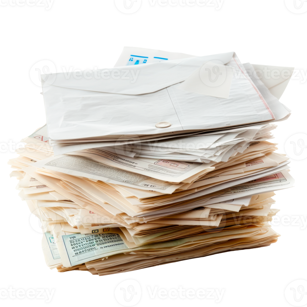 A large stack of assorted papers and envelopes piled together. png