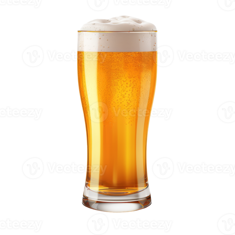 A tall glass of golden beer with a frothy top on a transparent background png