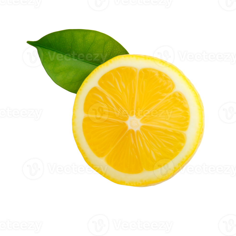 Fresh lemon slice with green leaf isolated on transparent background png