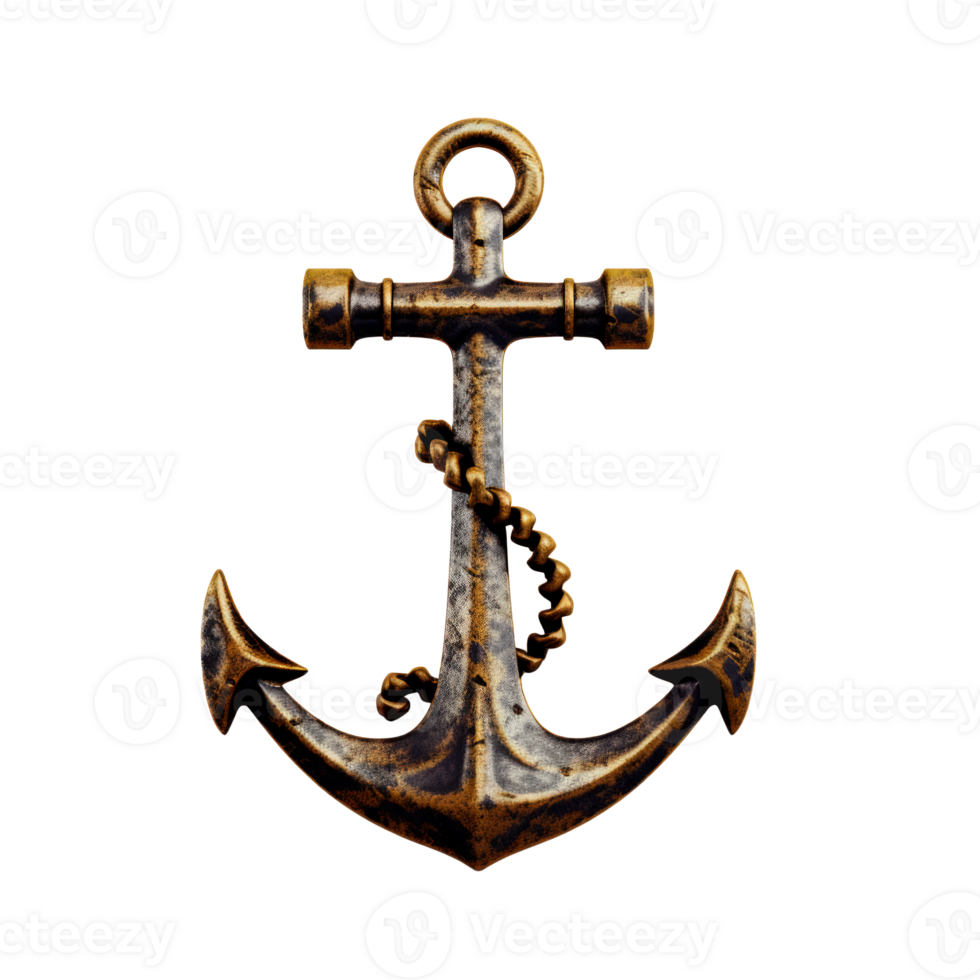 A vintage rusty anchor with chain on a transparent background png