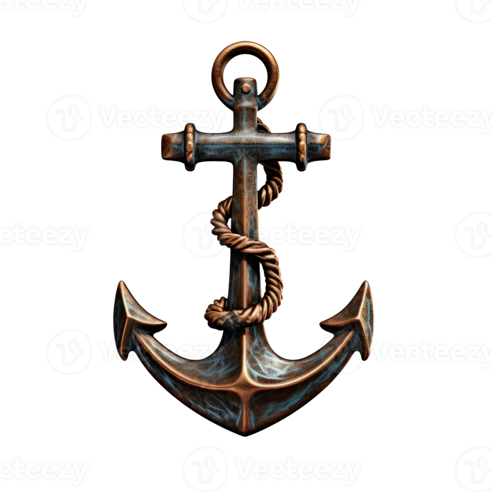 Realistic bronze anchor with rope symbolizing nautical adventure and marine life png