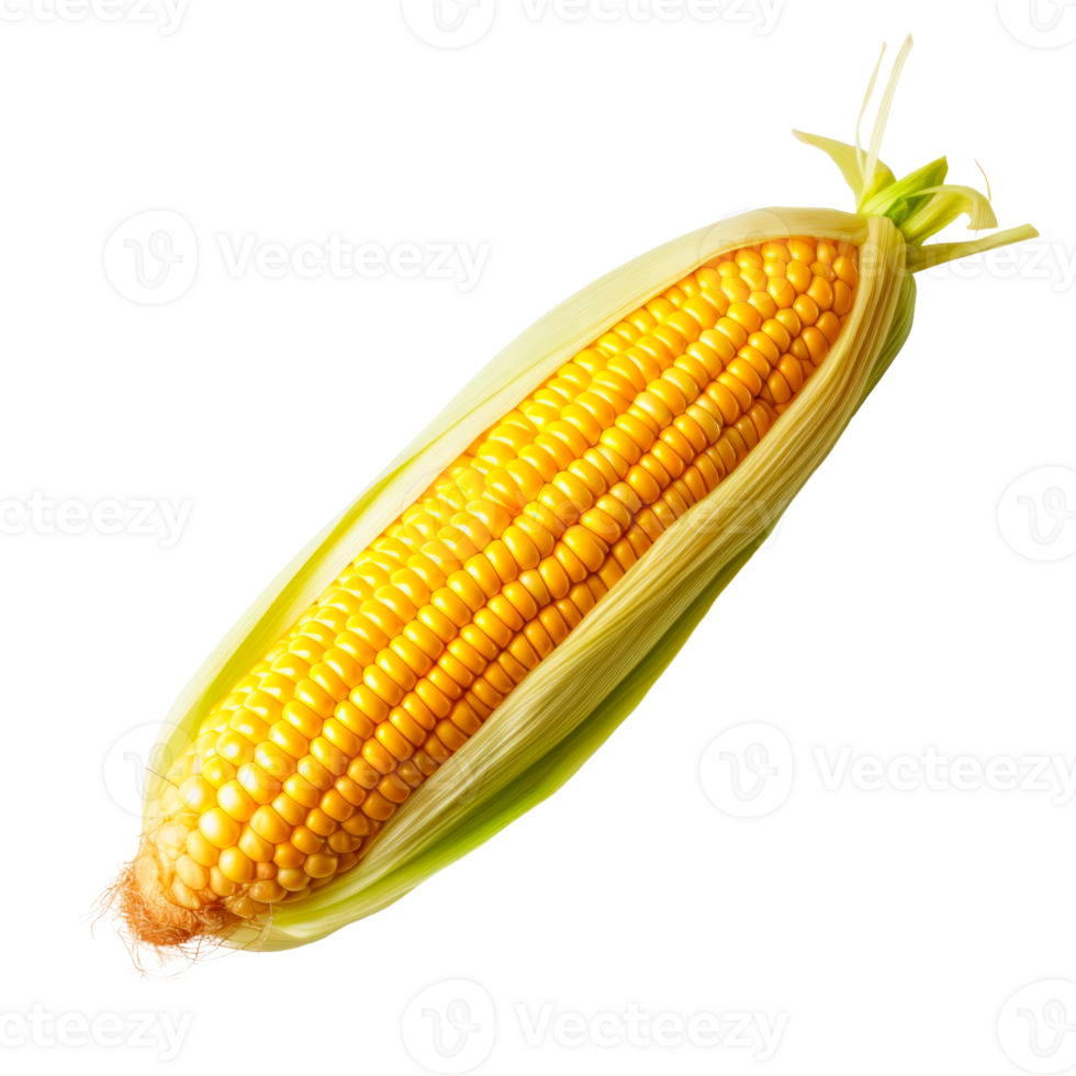 Fresh corn on the cob with vibrant yellow kernels and green husk png
