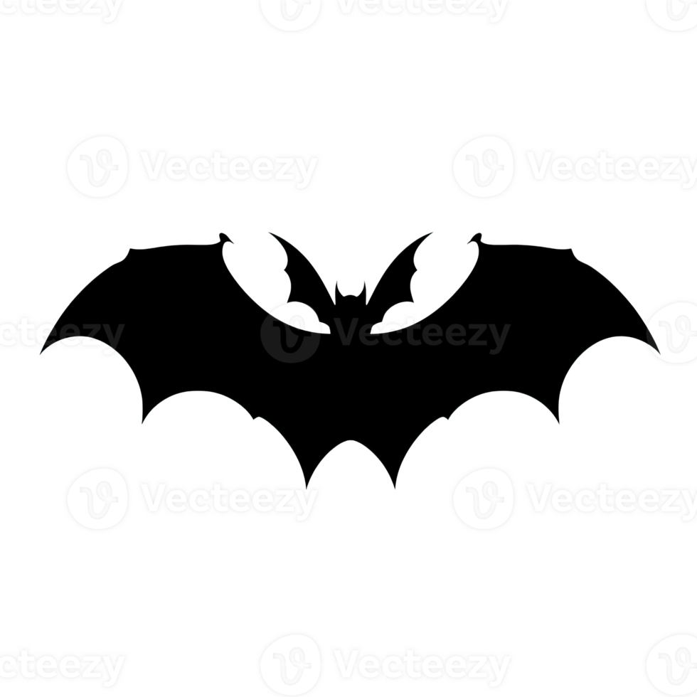A black silhouette of a bat with spread wings isolated on transparent background png