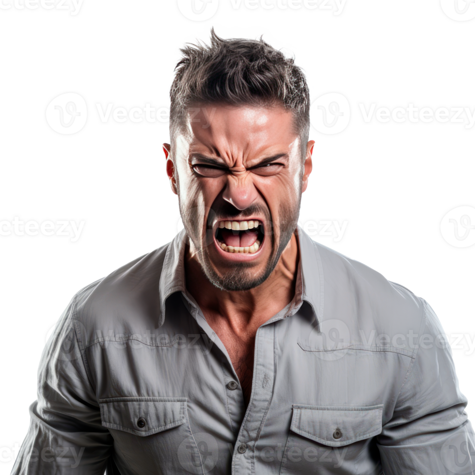 A man expressing intense anger and frustration with a loud scream png