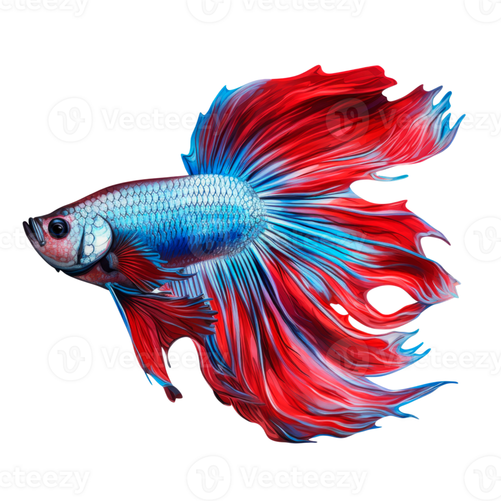 Vibrant betta fish with red and blue fins swimming gracefully. png